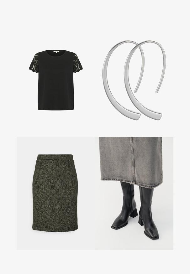 Čierne tričko s krátkym rukávom, s čipkovými detailmi na rukávoch, hladkou textúrou, okrúhlym výstrihom a voľným strihom.; Saint Tropez SHILASZ SKIRT - Puzdrová sukňa - army green; Čierne kožené čižmy po kolená s hranatou špičkou a blokovým podpätkom. Nosené s sivou džínsovou sukňou s rozstrapkaným lemom.; Strieborné kovové kruhové náušnice s hladkým, lesklým povrchom a zakriveným tvarom polmesiaca, s minimalistickým dizajnom a bez viditeľných vzorov.
