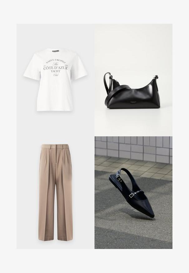 Hvid bomulds t-shirt med korte ærmer, rund halsudskæring og sort tryk som siger "SAINT-TROPEZ CÔTE D’AZUR YACHT Club."; Beige bukser med høj talje, to frontfolder og bred benudskæring. Lavet af glat stof med en ren finish og ingen synlig hardware.; Sort flad slingback med spids tå og dobbelte spænder, hvilende på grå asfalt nær flisevæg.; Sort læderhåndtaske med en glat tekstur. Har en justerbar stropp og et enkelt, minimalistisk design med lynlås.
