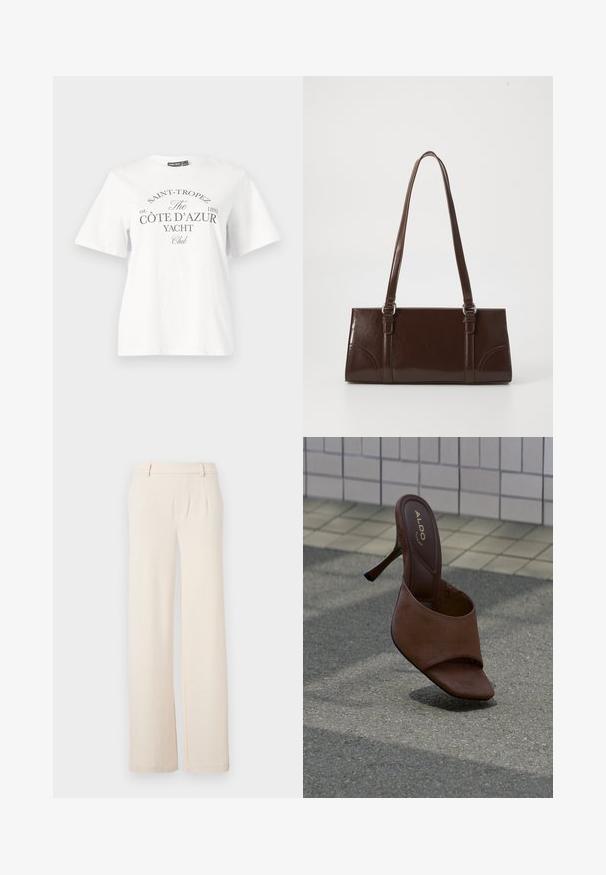 Hvid bomulds t-shirt med korte ærmer, rund halsudskæring og sort tryk som siger "SAINT-TROPEZ CÔTE D’AZUR YACHT Club."; Lyse beige brede bukser med frontfolder, en glat tekstur og sidelommer. Lavet af et blødt stof med en skræddersyet design.; Brun mule med høj hæl og åben tå med ALDO branding på indersålen, stående på en tekstureret fortov tæt på en flisebelagt væg.; Brun lakeret håndtaske med rektangulær form, to lange håndtag og subtile buede detaljer på fronten.
