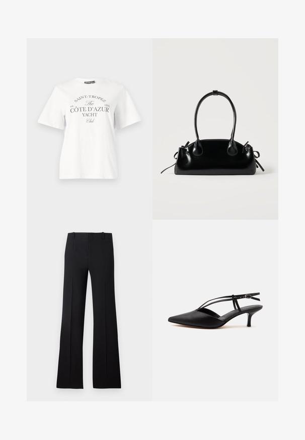 T-shirt en coton blanc avec des manches courtes, un col rond et une impression noire portant le texte "SAINT-TROPEZ CÔTE D’AZUR YACHT Club."; Pantalons évasés noirs avec une texture lisse, présentant une taille cintrée, des passants de ceinture et un design épuré qui s'étend jusqu'à un large ourlet.; Escarpin noir en cuir à bout pointu avec petit talon kitten, fine bride de cheville avec boucle, design slingback, sur un fond uni clair.; Petit sac à main noir brillant avec deux longues anses et des détails à cordon sur les côtés sur un fond clair uni.
