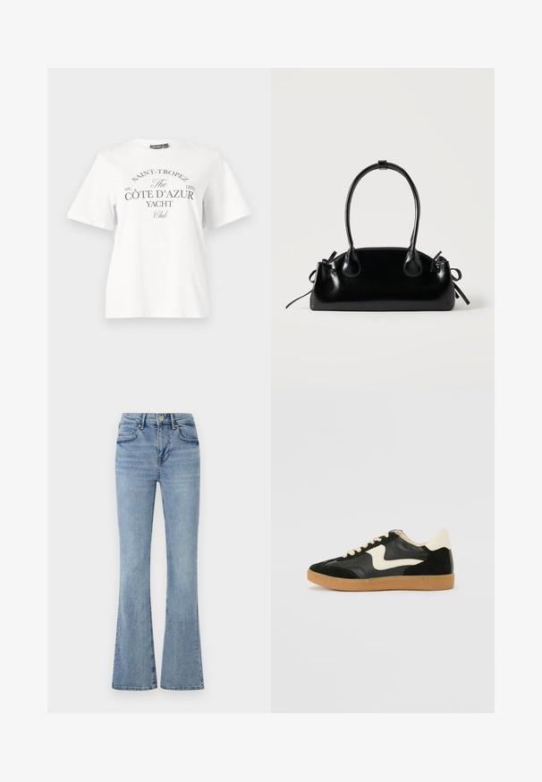 Hvid bomulds t-shirt med korte ærmer, rund halsudskæring og sort tryk som siger "SAINT-TROPEZ CÔTE D’AZUR YACHT Club."; Lyseblå denimjeans med høj talje, frontknap og lynlås, fem lommer og let udvidede ben.; Sorte ruskinds- og lædersneakers med en cremefarvet side-swoosh og lys cremefarvet hæl. Har beige snørebånd og en gummirubber-sål.; Lille sort blank håndtaske med to lange håndtag og snøre-detaljer i siden på en ensfarvet lys baggrund.
