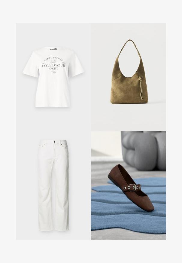 Hvid bomulds t-shirt med korte ærmer, rund halsudskæring og sort tryk som siger "SAINT-TROPEZ CÔTE D’AZUR YACHT Club."; Hvide jeans med lige ben, forlommer, bæltestropper, knaplukning og synlige sømme på en ensartet baggrund.; Brun ruskind flad sko med spænde-rem, der hviler på tekstureret blåt tæppe med gråt polstret møbel i baggrunden.; Olivengrøn ruskind skuldertaske med en enkelt rem, afrundet topkant og dekorativ kvast med guldtalismand foran.