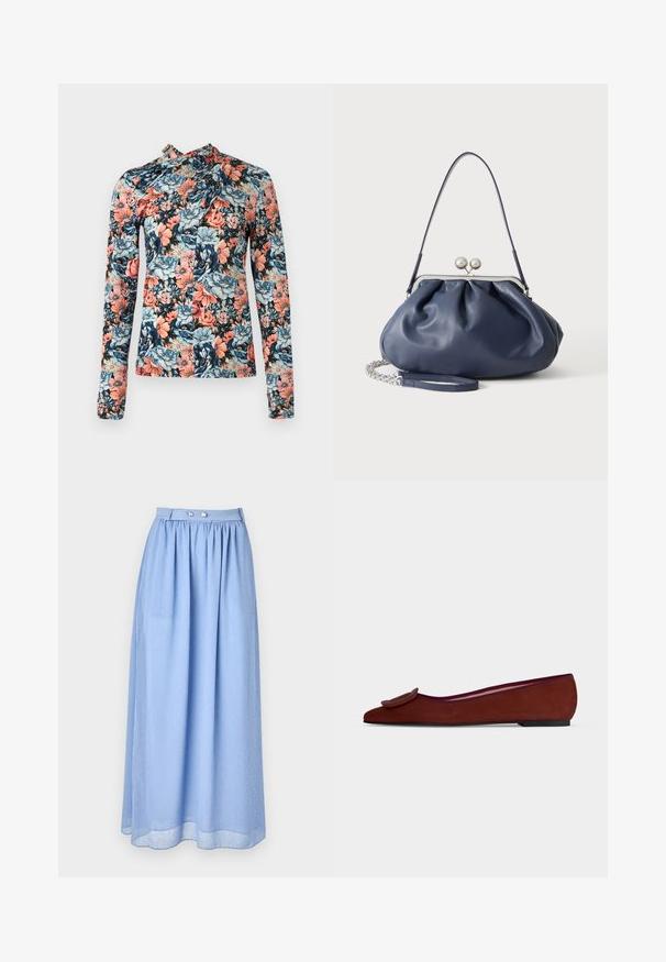 Rabanne Longsleeve - english tapestry/pink/blue/green; Lichtblauwe maxi rok van doorschijnende stof met een geraffineerde taille, voorzien van zilveren knoopdetails en een subtiel patroon van kleine witte stippen.; Platte bruine suède damesschoen met spitse neus en grote decoratieve gesp bovenop tegen een effen achtergrond.; Zachte navyblauwe leren handtas met zilveren sluiting, enkele schouderband en afneembare ketting polsband op witte achtergrond.