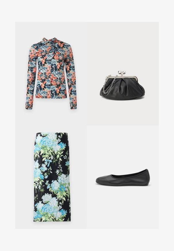 Rabanne Top s dlhým rukávom - english tapestry/pink/blue/green; Kvetinová ceruzková sukňa v čiernom materiáli, s veľkými modrými a zelenými hortenzíami a malými bielymi kvetmi, doplnená svetlomodrou mašľou.; Čierne kožené baleríny s okrúhlou špičkou, hladkým povrchom, minimálnym prešívaním a flexibilným dizajnom podrážky.; Čierna kožená kabelka s vrúbkovou textúrou, strieborným kovovým rámom, uzáverom na pobozkanie a retiazkou na nosenie. Hladký, jemný povrch.