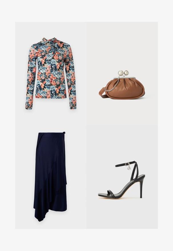 Rabanne Langærmet T-shirt - english tapestry/pink/blue/green; Rabanne Pencil skirt - deep navy; Sort hæl-sandal med smal ankrem, firkantet tå-boks, glat lædermateriale og metalspænde som pynt.; Brun læder clutch-pung med sølv kugleklap og en lille sølv kædedetalje på en hvid baggrund.