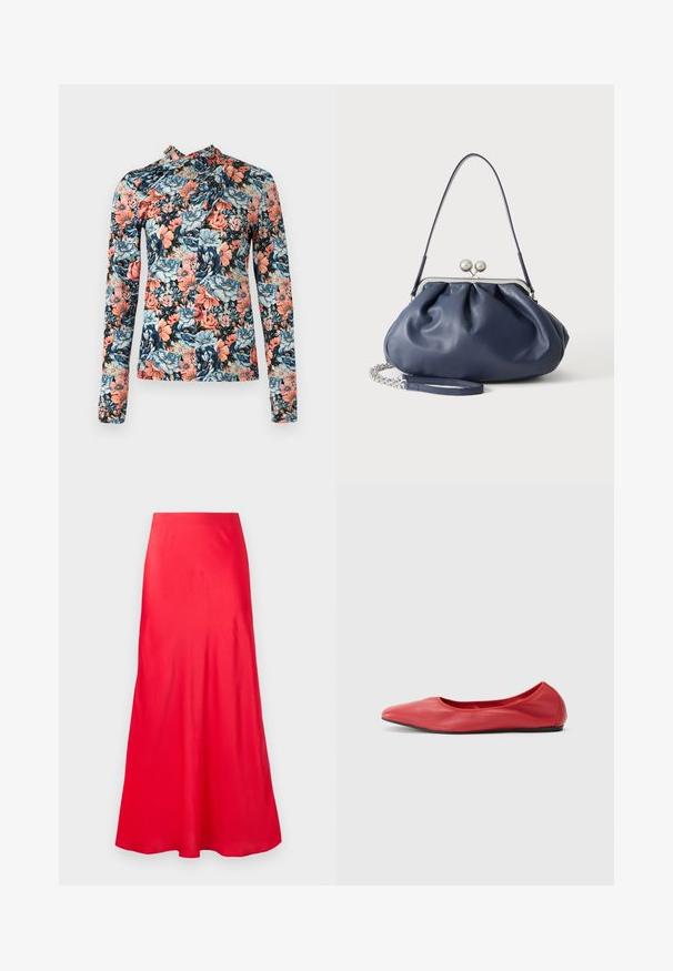 Rabanne Langærmet T-shirt - english tapestry/pink/blue/green; Lang rød satin nederdel med høj talje og let vidde, vist på en ensfarvet hvid baggrund.; Filippa K REY FLATS - Ballerinasko - bright red; Blød navyblå læderhåndtaske med sølv lukning, enkelt skulderrem og aftagelig kæde til håndleddet på hvid baggrund.
