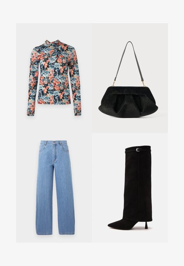 Rabanne Top s dlhým rukávom - english tapestry/pink/blue/green; Svetlomodré široké džínsy vyrobené z denimu, s vysokým pásom, prednými vreckami a jemnými švovými detailmi.; Čierna čižma nad koleno so špicatou špičkou, tenkým vysokým podpätkom a úzkym remienkom s prackou blízko vrchu.; Čierna vláknitá kabelka s jemným, umelým kožúškom. Obsahuje zberaný dizajn, ploché dno a tenký, nastaviteľný kožený popruh. Zlatofarbové kovanie.