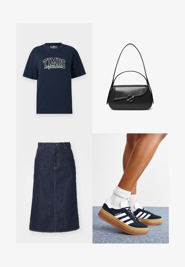 Námornícky modré bavlnené tričko s voľným strihom. Obsahuje grafický dizajn s textom "TIMBS Authentic" v kontrastných farbách. Krátke rukávy, okrúhly výstrih.; Tmavé džínsové sukne s vysokým pásom, rovný strih, predné vrecká a prešitými švami. Obsahuje zips a gombík na uzatvorenie v páse.; Nohy v bielych ponožkách a čiernych teniskách Adidas Gazelle s bielymi pruhmi a hrubými hnedými podrážkami na sivom koberci.; Čierna kožená kabelka cez rameno s zakriveným chlopňovým uzáverom, ktorý je zabezpečený okrúhlym kovovým zapínaním a úzkym, nastaviteľným remienkom.