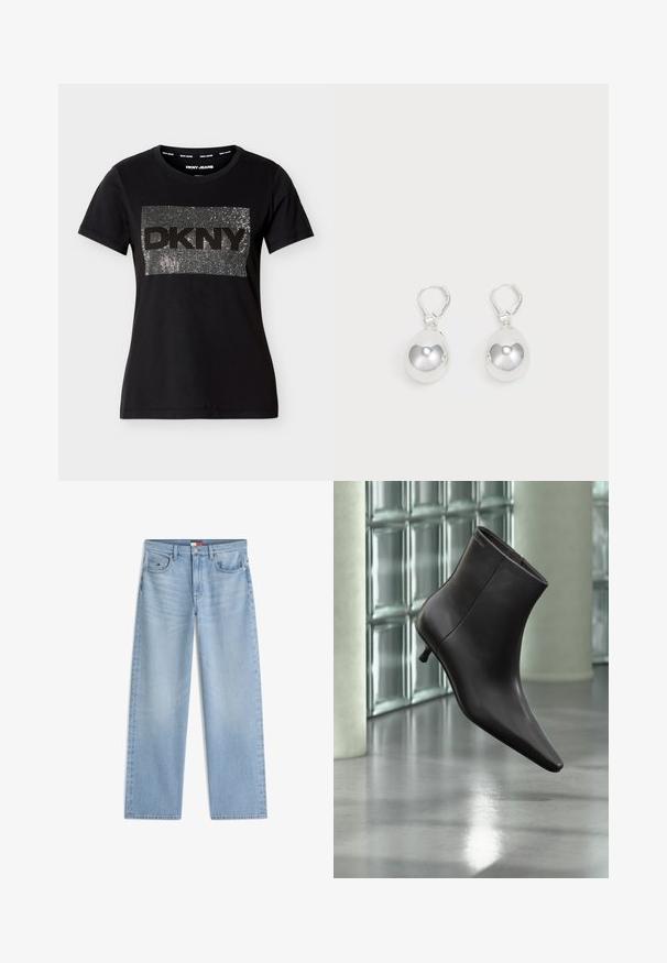 Μαύρο t-shirt με κοντά μανίκια και στρογγυλή λαιμόκοψη, με ένα λαμπερό ορθογώνιο λογότυπο DKNY κατασκευασμένο από μικρές ασημένιες στρας.; Φωτεινό γαλάζιο τζιν με ίσιο πόδι, μπροστινές τσέπες, θηλιές για ζώνη και κλείσιμο με κουμπί και φερμουάρ.; Μαύρο δερμάτινο μποτάκι με μυτερή μύτη και μικρό τακούνι, παρουσιάζεται μπροστά σε τοίχο από γυάλινα τετράγωνα και γυαλισμένο δάπεδο.; Ασημένια σκουλαρίκια με λεία, στρογγυλά, ανακλαστικά επιφάνειες που κρέμονται από γάντζους. Το φόντο είναι λευκό.