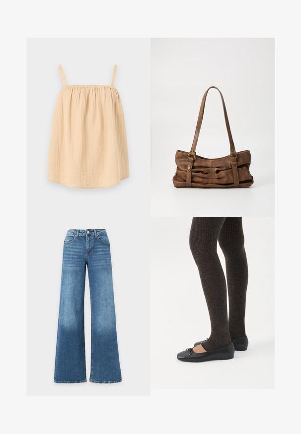 Haut beige clair sans manches avec fines bretelles froncées et tissu ample texturé.; Jean bleu taille haute à jambes larges avec bouton à l'avant, fermeture éclair, poches avant et arrière, présenté sur un fond blanc.; Jambes portant des leggings côtelés foncés associés à des ballerines noires avec de petits détails en nœud sur fond blanc.; Even&Odd Sac à main - brown