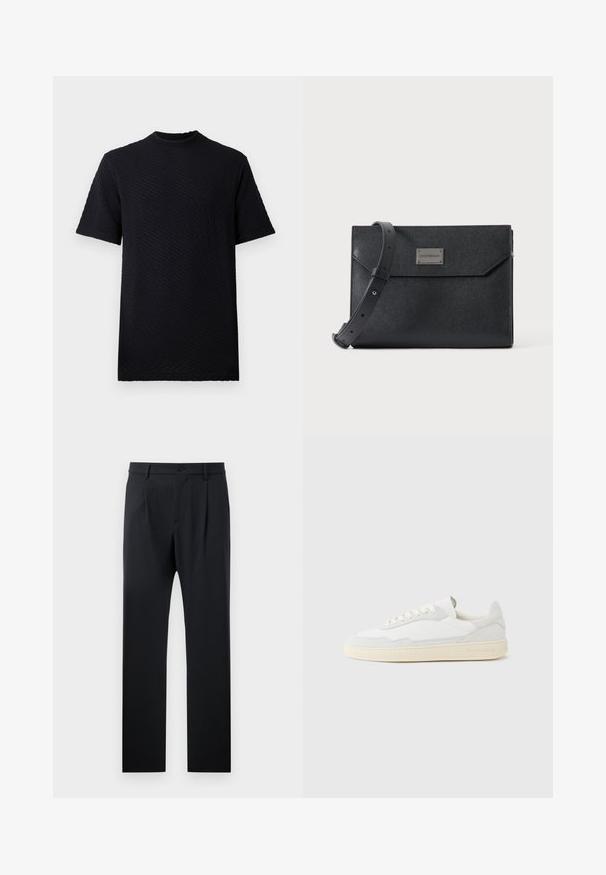 Musthave mustriga lühikeste varrukatega T-särk, millel on reljeefne, laineline muster ja ümmargune kaelus. Valmistatud pehmest kangast, mis on hästi istuv ning ilma nähtava brändimisteta.; Mustad püksid, millel on kohandatud lõige, sile tekstuur, sirged sääred ja üks nupuga lukustus vööl.; Valge tennisejalanõu, mille ülemine osa on valmistatud tekstuurse seemisnahast ja nahast. Omab ümarat ninaosa, paeltega sulgurit ja kontrastset beeži kummist tallaga.; Mustast tekstureeritud nahast rihmkott reguleeritava rihmaga ja esiküljel metallist logo plaadiga, ristkülikukujuline ümbriku stiilis klapp.