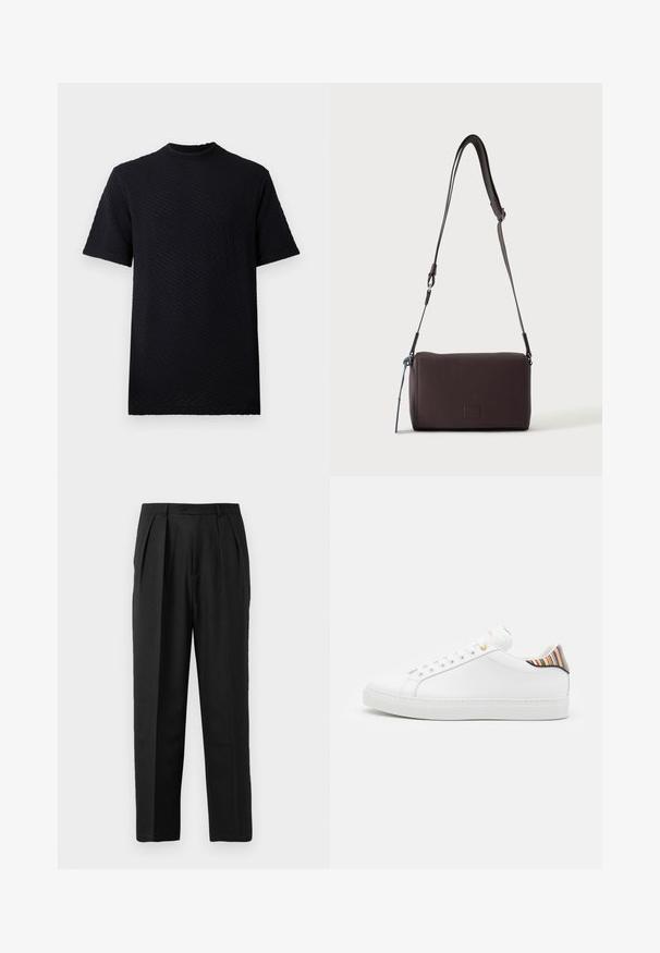 T-shirt noir à manches courtes avec un motif texturé en vagues et col rond. Fabriqué en tissu doux, doté d'une coupe décontractée et sans logo visible.; Pantalons plissés noirs au design sur mesure, confectionnés en tissu lisse, avec une fermeture à bouton et une coupe droite.; Baskets en cuir blanc avec une finition lisse, présentant un accent rayé coloré au niveau du talon, des œillets dorés et une semelle blanche plate.; Sac bandoulière en cuir marron foncé texturé avec une sangle réglable et un petit accent décoratif bleu sur le côté.