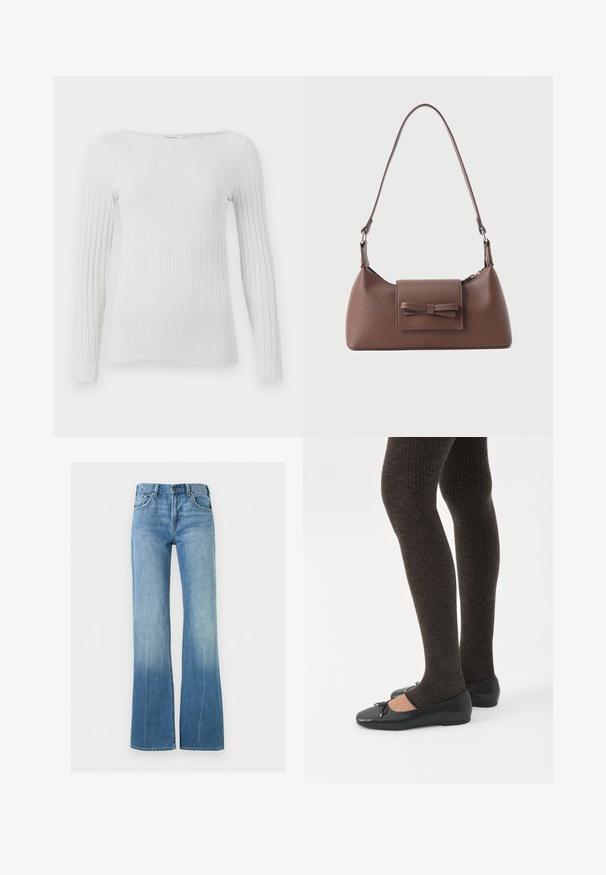 Hvid, ribbet langærmet top med bred rund halsudskæring og tætsiddende silhuet.; Lyseblå denimjeans med høj talje og vide ben, med forlommer og knaplukning.; Ben iført mørke ribbede leggings kombineret med sorte balletsko med små sløjfedetaljer på hvid baggrund.; Brun skuldertaske i læder med en frontlomme med klap, der har en sydd sløjfedetalje, og en justerbar rem.