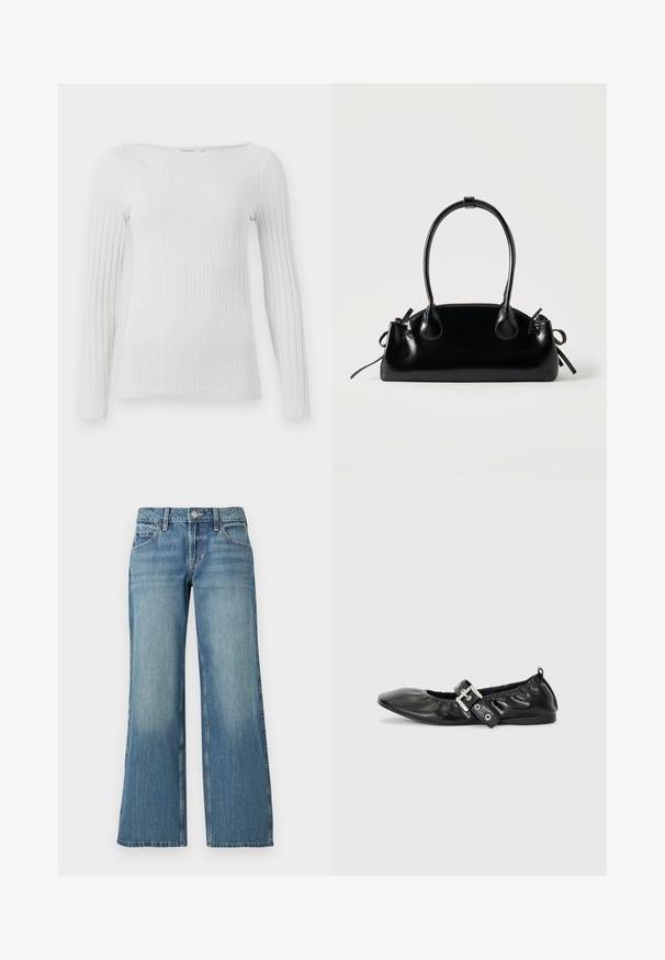Hvid, ribbet langærmet top med bred rund halsudskæring og tætsiddende silhuet.; Lyseblå denimjeans med bred benform, der har en mellemhøj talje, forlommer og diskret falming, der viser en glat tekstur.; Sorte læder flade sko med spids tå, samling detaljer omkring åbningen, og en sølv spænde accent på den justerbare rem.; Lille sort blank håndtaske med to lange håndtag og snøre-detaljer i siden på en ensfarvet lys baggrund.