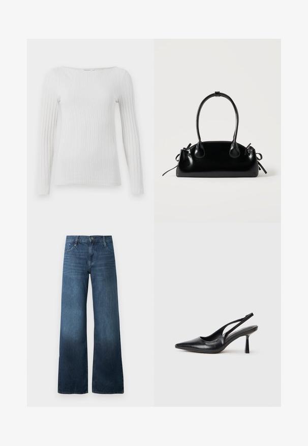 Hvid, ribbet langærmet top med bred rund halsudskæring og tætsiddende silhuet.; Mørkeblå bredbenede jeans lavet af denim, med høj talje, fem-lommer design og diskret falmning ved kanten. Standard knaplukning.; Sort læderslagback højhælet sko med spids tå og slank hæl på en hvid baggrund.; Lille sort blank håndtaske med to lange håndtag og snøre-detaljer i siden på en ensfarvet lys baggrund.
