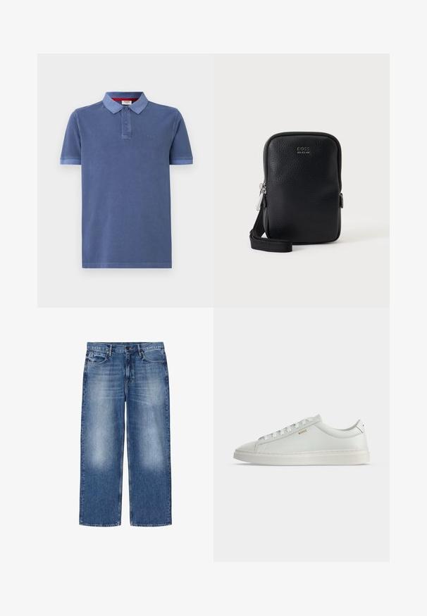 Blauwe polo gemaakt van katoen met korte mouwen, een kraag en twee knopen. Heeft een subtiele logo op de borst en contrasterende afwerking.; Blauw vervaagde rechte spijkerbroek met vijf zakken en knoopsluiting, plat liggend afgebeeld op een witte achtergrond.; Witte lage leren sneaker met veters, platte zool en klein gouden "BOSS" logo aan de zijkant, gezien vanaf de buitenkant.; Zwarte gestructureerde leren crossbodytas met zilveren rits en "BOSS" logo aan de voorkant, getoond tegen een effen lichte achtergrond.