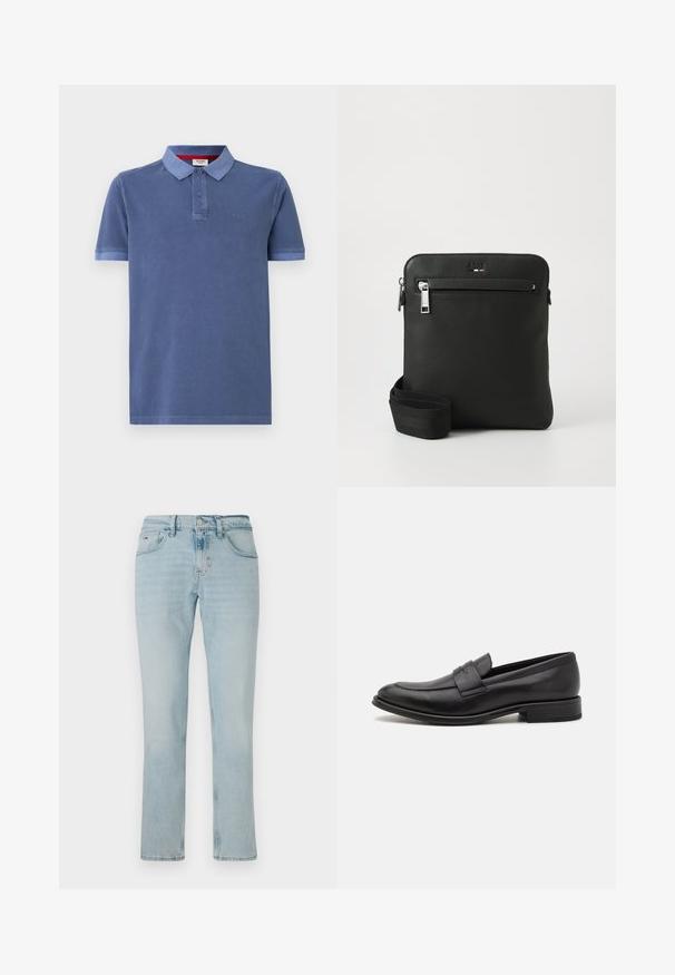 Blaues Polohemd aus Baumwolle mit kurzen Ärmeln, einem Kragen und zwei Knöpfen. Verfügt über ein dezentes Logo auf der Brust und kontrastierende Akzente.; Hellblaue Jeans aus Denim mit geradem Beinschnitt, weicher Textur, Vordertaschen und subtilen Auswaschungen. Verfügt über einen Knopf- und Reißverschluss.; Schwarze Lederloafer mit glatter Oberfläche, einem dekorativen Riemen über dem Obermaterial, runder Zehenpartie und einem niedrigen, gestapelten Absatz.; Schwarze Leder-Umhängetasche mit flachem Design, strukturierter Oberfläche, Reißverschluss, Vordertasche und verstellbarem Stoffriemen.