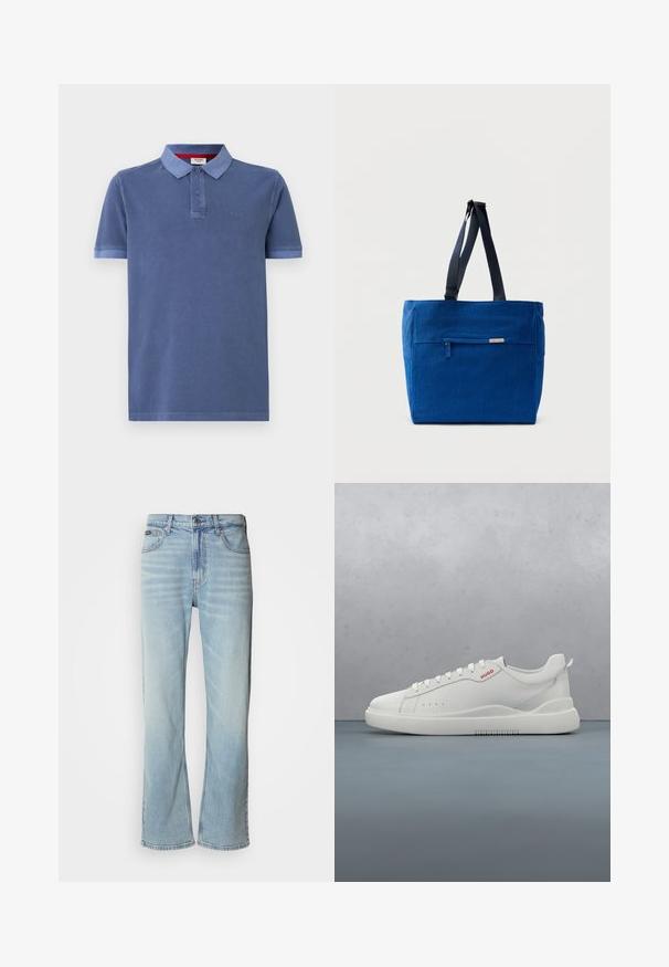 Polo bleu en coton avec des manches courtes, un col et deux boutons. Présente un logo subtil sur la poitrine et un fini contrastant.; Jeans en denim bleu clair avec une coupe droite, dotés de cinq poches, d'une fermeture à bouton et d'une légère décoloration sur le tissu.; Sneaker blanche avec une finition en cuir lisse, bout rond, quatre œillets, perforations subtiles et un détail de logo rouge sur le côté.; Sac fourre-tout en toile bleue avec une poche zippée à l'avant, des doubles bretelles et une forme rectangulaire. Dispose d'une étiquette de marque discrète.