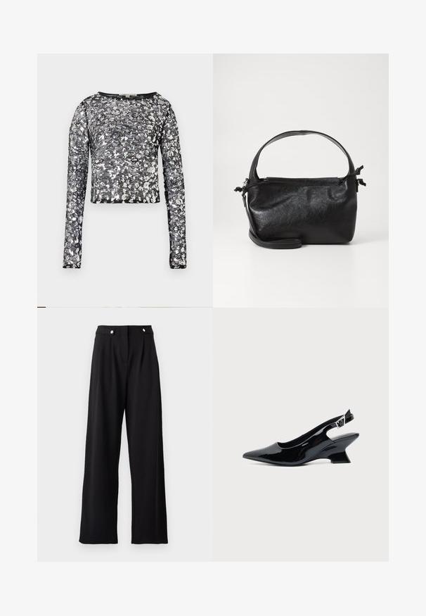 Crop top noir à manches longues avec des sequins floraux argentés et une base en maille transparente, doté d'un col rond.; Pantalons larges noirs au tissu lisse, dotés d'une taille haute, de plis avant et d'accents en boutons métalliques.; Chaussure slingback en cuir verni noir avec bout pointu et petit talon bloc incliné sur fond clair uni.; Sac à main en cuir noir au design structuré, avec une poignée arrondie et une bandoulière amovible. Présente une texture lisse et un éclat subtil.