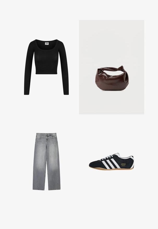 Čierny dlhý rukáv cropped top s okrúhlym výstrihom, vyrobený z rebrovanej látky. Disponuje priliehavým strihom a jemnou textúrou.; Široké svetlošedé džínsy z denim s mierne vyblednutým vzhľadom, so štyrmi vreckami, predným zapínaním na gombík a pútkami na opasok.; Čierne semišové tenisky s bielymi tromi pruhmi, zlatým logom a hnedou gumovou podrážkou. Disponujú nízkym šnurovacím dizajnom.; Tmavohnedá kožená kabelka cez rameno s mäkkým, voľným tvarom a držadlom v podobe skrúteného uzla na jednoduchom bielom pozadí.