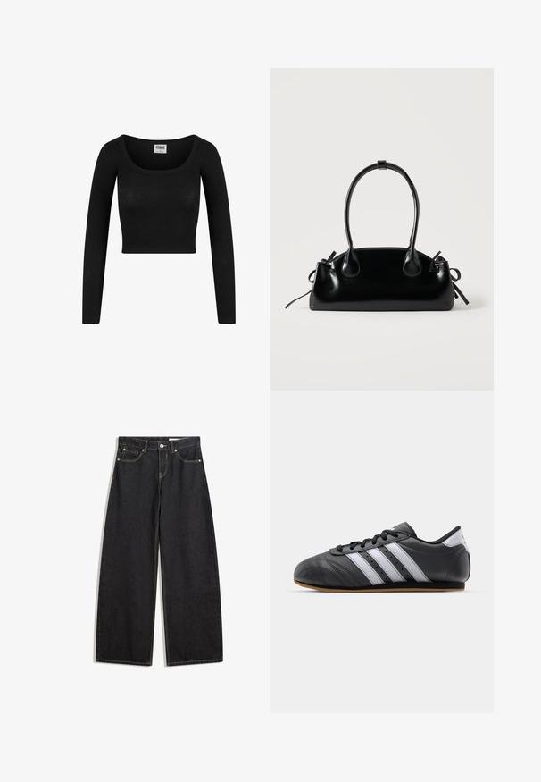 Čierny dlhý rukáv cropped top s okrúhlym výstrihom, vyrobený z rebrovanej látky. Disponuje priliehavým strihom a jemnou textúrou.; čierne džínsy s širokými nohavicami a vysokým pásom, s piatimi vreckami, kontrastným prešívaním a zapínaním na gombík. Hladký povrch s klasickým strihom.; Čierne kožené športové topánky s bielymi pruhmi, okrúly špička, plochá podrážka a šnurovanie. Obsahujú perforácie pre lepšiu priedušnosť.; Malá čierna lesklá kabelka s dvoma dlhými rúčkami a bočnými šnúrkovými detailmi na jednoduchom svetlom pozadí.