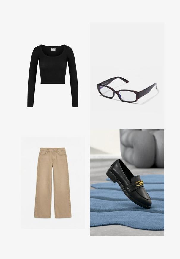 Čierny dlhý rukáv cropped top s okrúhlym výstrihom, vyrobený z rebrovanej látky. Disponuje priliehavým strihom a jemnou textúrou.; Béžové riflové nohavice s rovnými nohavicami, predným zapínaním na gombík, zipsom, prednými a zadnými vreckami a pútkami na opasok na bielom pozadí.; Čierny kožený mokasín so zlatým retiazkovým zdobením, plochou podrážkou a detailmi prešívania, umiestnený nad štruktúrovaným modrým kobercom.; Hnedé korytnačinové oblé okuliare s priehľadnými sklami a elegantnými ramenami, s hladkou textúrou a minimalistickým dizajnom.