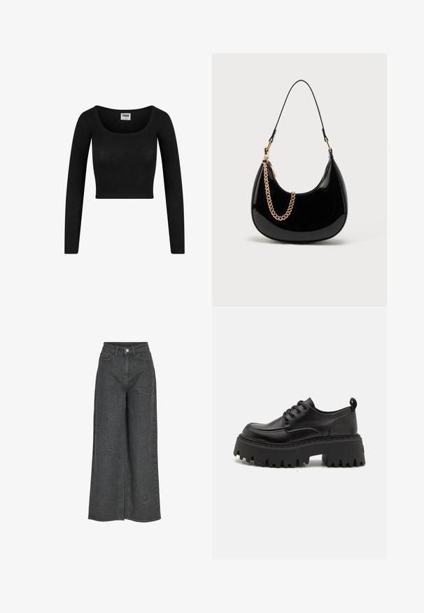 Čierny dlhý rukáv cropped top s okrúhlym výstrihom, vyrobený z rebrovanej látky. Disponuje priliehavým strihom a jemnou textúrou.; Džíny s vysokým pásom a širokými nohavicami v tmavošedej denimu, s predným zapínaním na gombík, dvoma bočnými vreckami a čistým šitím.; Čierne kožené platformové topánky s masívnou, vrúbkovanou gumovou podrážkou a šiestimi dierkami na šnúrky. Vybavené zaoblenou špičkou a pútkom na päte pre jednoduché obúvanie.; Čierna kabelka z lesklého laku, s oblým tvarom, tenkým ramenným popruhom a zlatým reťazovým doplnkom na prednej strane. Hladká textura, minimalistický dizajn.