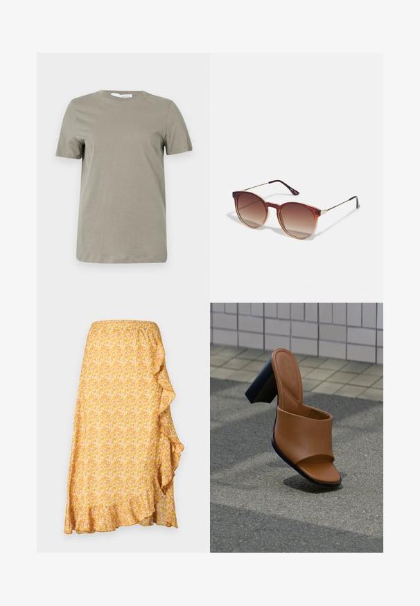 Khakifarbenes T-Shirt mit kurzen Ärmeln aus weichem Stoff. Rundhalsausschnitt; gerader Saum. Minimalistisches Design ohne sichtbare Muster oder Akzente.; Gelber Blumenrock mit Rüschendetail an der Seite, aus leichtem Stoff gefertigt und mit einem elastischen Bund für Komfort.; Braune Sandale aus Kunstleder mit glatter Oberfläche, offener Zehenpartie und klobigem schwarzen Absatz. Minimalistisches Design mit einem breiten Riemen über dem Fuß.; Runde Sonnenbrillen mit braunem Verlaufsglas, einem Rahmen aus Schildpatt-Acetat und goldenen Metallakzenten an der Brücke und den Bügeln.