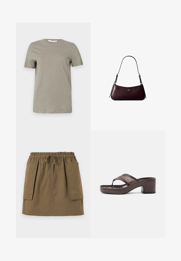 Khaki kortærmet t-shirt lavet af blødt stof. Rund halsudskæring; lige kant. Minimalistisk design uden synlige mønstre eller detaljer.; Oliven grøn, knælang nederdel med elastisk talje, snøre og to store sidelommer. Fremstillet af letvægtsstof med synlige sømme.; Brun sandal med hæl med mesh-rem og tæst design, med blokhæl og syet sål, vist i profil mod hvid baggrund.; Mørk bordeaux læderhåndtaske med en tynd sort skulderrem og lille gyldent "cK" logo foran i midten.