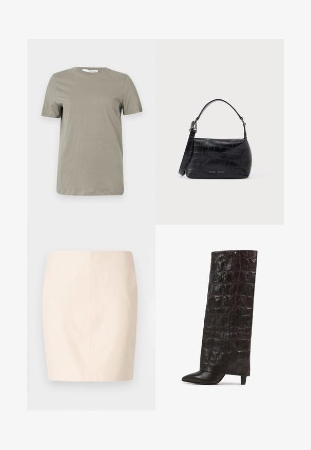 Khaki kortærmet t-shirt lavet af blødt stof. Rund halsudskæring; lige kant. Minimalistisk design uden synlige mønstre eller detaljer.; Beige tætsiddende nederdel med en glat tekstur og rene linjer. Har en mellemhøj talje og en lige silhuet. Ingen synlige lukninger eller pynt.; Brun krokodillembossed læderstøvle med spids tå og lav hæl. Har et unikt design med høj skaft og tekstureret overflade.; Sort skuldertaske i krokodillepræget læder med øverste håndtag og logo trykt på forsiden.