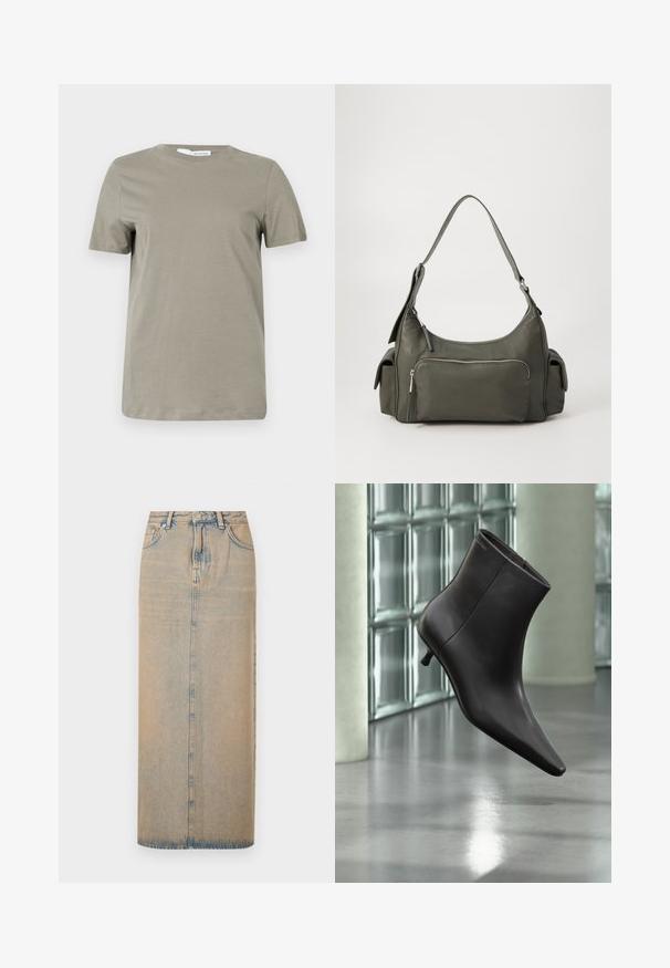 Khaki t-shirt met korte mouwen gemaakt van zacht materiaal. Ronde hals; rechte zoom. Minimalistisch ontwerp zonder zichtbare patronen of accenten.; Een lange denimrok in lichtblauw met een rechte snit. Heeft vijf zakken, riemlussen en een sluiting met knopen aan de voorkant. Vervaagde textuur overal.; Zwarte leren enkellaars met puntige neus en lage hak, afgebeeld tegen een glazen blokkenmuur en gepolijste vloer op de achtergrond.; Groene leren schoudertas met een gebogen ontwerp, met een ritsvak aan de voorkant en extra zijvakken. Gladde textuur en minimale hardware.