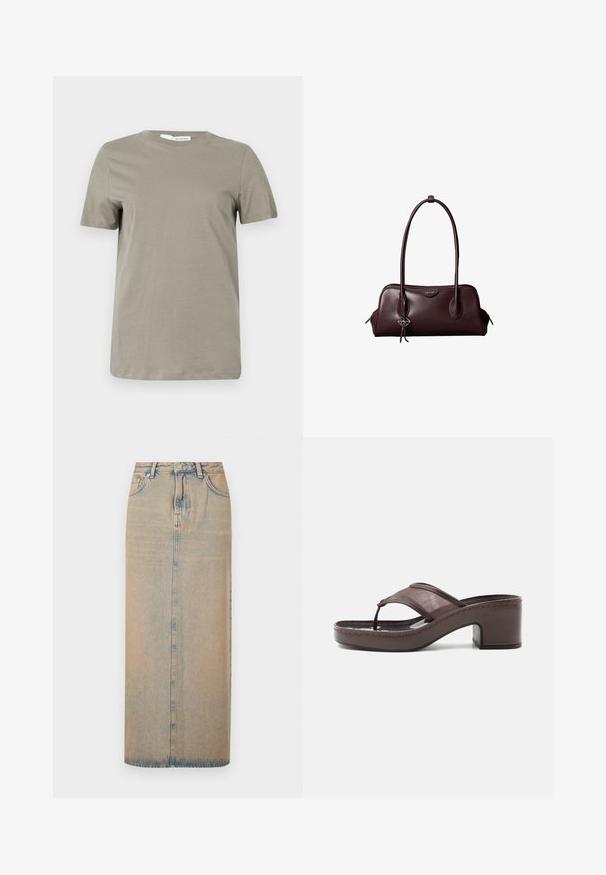 Khakifarbenes T-Shirt mit kurzen Ärmeln aus weichem Stoff. Rundhalsausschnitt; gerader Saum. Minimalistisches Design ohne sichtbare Muster oder Akzente.; Ein langer Jeansrock in Hellblau mit geradem Schnitt. Verfügt über fünf Taschen, Gürtelschlaufen und eine vordere Knopfleiste. Geblichtextur über die gesamte Fläche.; Braune Sandale mit Absatz, Netzriemen und Zehensteg, ausgestattet mit einem Blockabsatz und einer genähten Sohle, seitlich auf weißem Hintergrund abgebildet.; Dunkelbraune Lederhandtasche von Calvin Klein mit langen doppelten Griffen und einem kleinen Logoanhänger, der an einem Griff hängt.