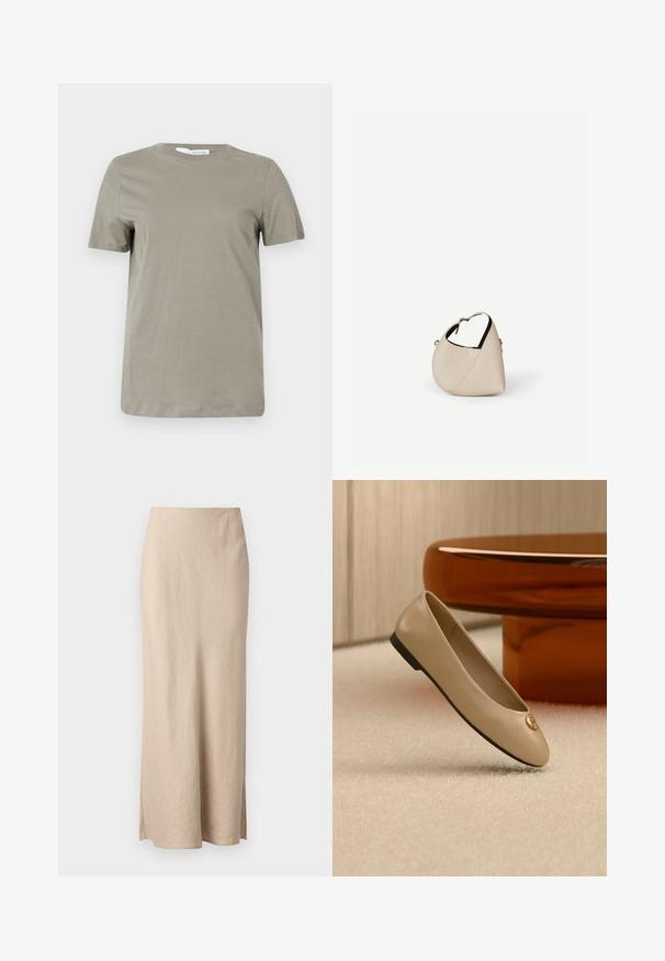 Khaki lühikeste varrukate mustrisärk, mis on valmistatud pehmest kangast. Ümmargune kaelus; sirge äär. Minimalistlik disain, ilma nähtavate mustrite või aksessuaarideta.; Samsøe Samsøe AGNETA LONG SKIRT - Maksiseelik - white pepper; Beežist nahast baleriin king musta tallaga ja kulla embleemiga varba kohal, asetatud kreemjat vaipa ääristava ümarate merevaigukollaste mööbliesemete kõrvale.; Beežist nahast poolkuukujuline õlakott, millel on üks õlarihm ja minimaalne õmblemine, valgel taustal.