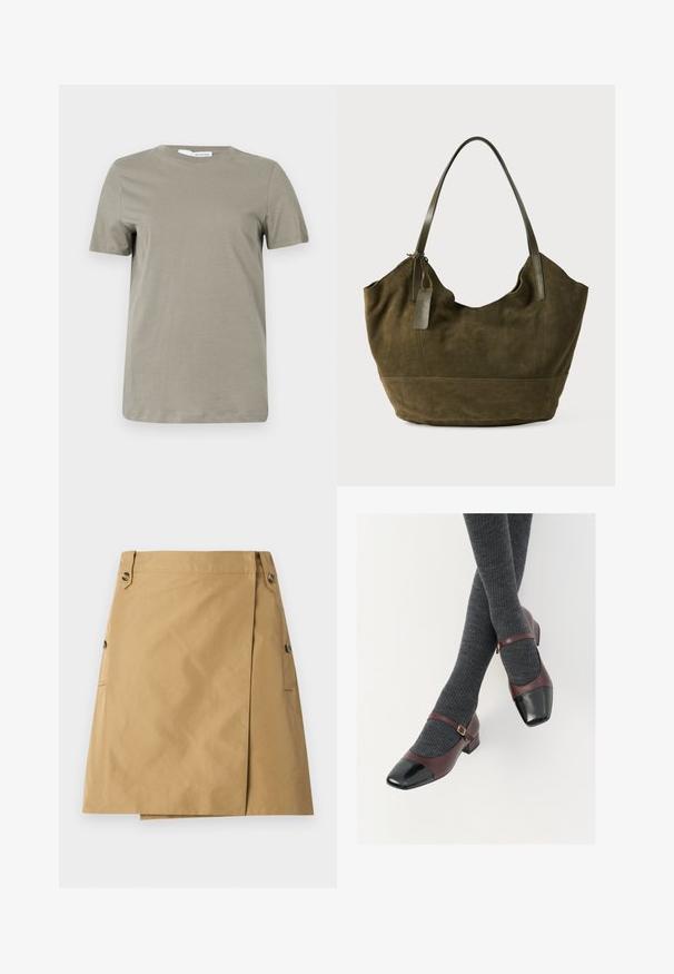 Khaki kortærmet t-shirt lavet af blødt stof. Rund halsudskæring; lige kant. Minimalistisk design uden synlige mønstre eller detaljer.; Tan nederdel lavet af et glat stof med et frontoverlap, der har to sidelommer og to knapper i taljen.; Burgunderrøde læder Mary Jane-sko med en sort laktoej og tynd ankelrem; båret med mørkegrå ribbede strømper. Lav blokhæl.; Olivengrøn ruskinds shoppertaske med en blød læder skulderrem og et lille lædermærke, der hænger nær remmens fastgørelse.