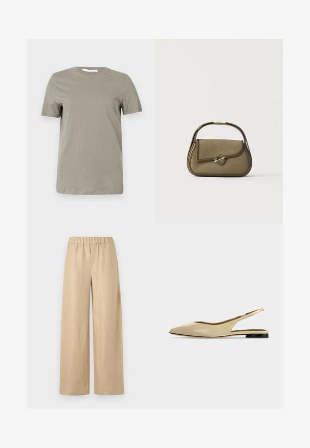 Camiseta de manga corta en color caqui, confeccionada en una tela suave. Cuello redondo; dobladillo recto. Diseño minimalista sin patrones o acentos visibles.; Pantalones de pierna ancha en color beige, hechos de una tela ligera. Cuentan con una cinturilla elástica y una textura suave, sin herrajes ni patrones visibles.; Zapato plano beige con puntera puntiaguda, diseño slingback, tacón bajo negro y acabado en cuero liso, mostrado de perfil sobre un fondo liso.; Bolso pequeño de color verde oliva con bordes redondeados, un asa superior y un cierre con solapa asegurado por un broche metálico circular.