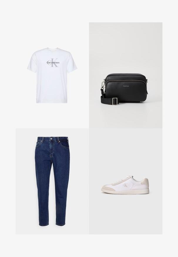 Biele tričko s krátkym rukávom so sivým logom "ck" a čiernym textom "Calvin Klein" potlačeným na prednom strede.; Tmavomodré rifľové nohavice rovného strihu s predným zapínaním na gombík a zips, s pútkami na opasok a prednými aj zadnými vreckami.; Biela a béžová nízka teniska so šnurovaním vpredu, semišovými akcentmi a logom "cK" na boku, zobrazená v profile na jednoduchom pozadí.; Čierna kožená crossbody taška s dvoma zipsovými oddeleniami, textúrovaný povrch, nastaviteľný popruh a strieborné kovové akcenty. Zobrazené logo Calvin Klein.