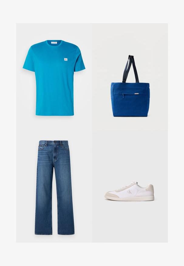 Turkis bomulds t-shirt med korte ærmer, rund hals og en lille hvid logo-patch på brystet. Glat tekstur og afslappet pasform.; Blå, højtaljede, straight-fit jeans med knapper og lynlås foran, fem lommer og en lille mærket patch på højre lomme.; Hvid og beige lavsko med snørelukning foran, ruskindsdetaljer og "cK" logo på siden, vist i profil mod en ensfarvet baggrund.; Blå lærredstaske med lynlåslomme foran, dobbelte skulderremme og rektangulær form. Har en diskret mærkeetiket.