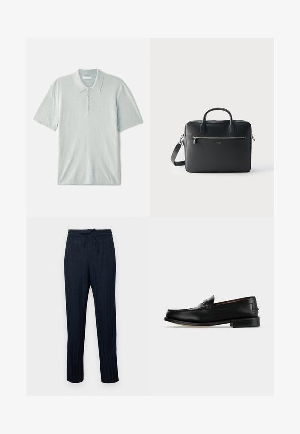 Lys blå polo shirt lavet af blødt stof, med klassisk krave, tre-knaps lukning og korte ærmer. Minimalistisk design.; Marine-stribede bukser lavet af letvægtsstof, med elastisk talje og snøre. Design med lige ben og subtil struktur.; Sort læder herre loafer med lav hæl og mokkasinsyning på tåen, vist fra siden på en ensfarvet baggrund.; Sort rektangulært lædermappe med dobbelte håndtag, lynlåslomme foran og aftagelig skulderrem mod en ensartet lys baggrund.