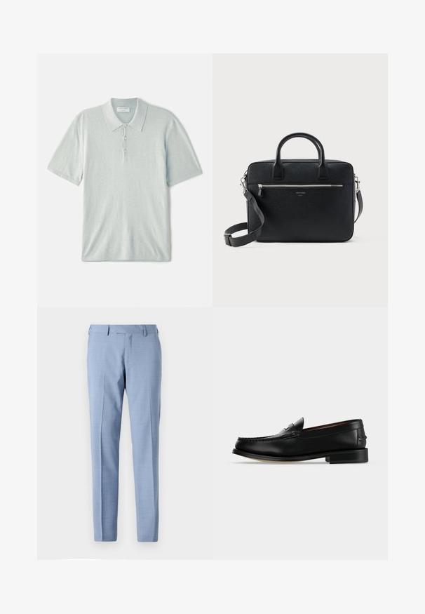 Hellblaues Poloshirt aus weichem Stoff, mit klassischem Kragen, Drei-Knopf-Leiste und kurzen Ärmeln. Minimalistisches Design.; Hellblaue, maßgeschneiderte Hose mit flacher Vorderseite, Seitentaschen, Gürtelschlaufen und geradem Bein vor schlichtem Hintergrund.; Schwarzer Leder-Herrenschuh (Loafer) mit niedrigem Absatz und Mokassin-artiger Naht am Zehenbereich, seitlich auf einfarbigem Hintergrund dargestellt.; Schwarze strukturierte rechteckige Lederaktentasche mit Doppelgriffen, vorderer Reißverschlusstasche und verstellbarem Schultergurt, auf weißem Hintergrund dargestellt.