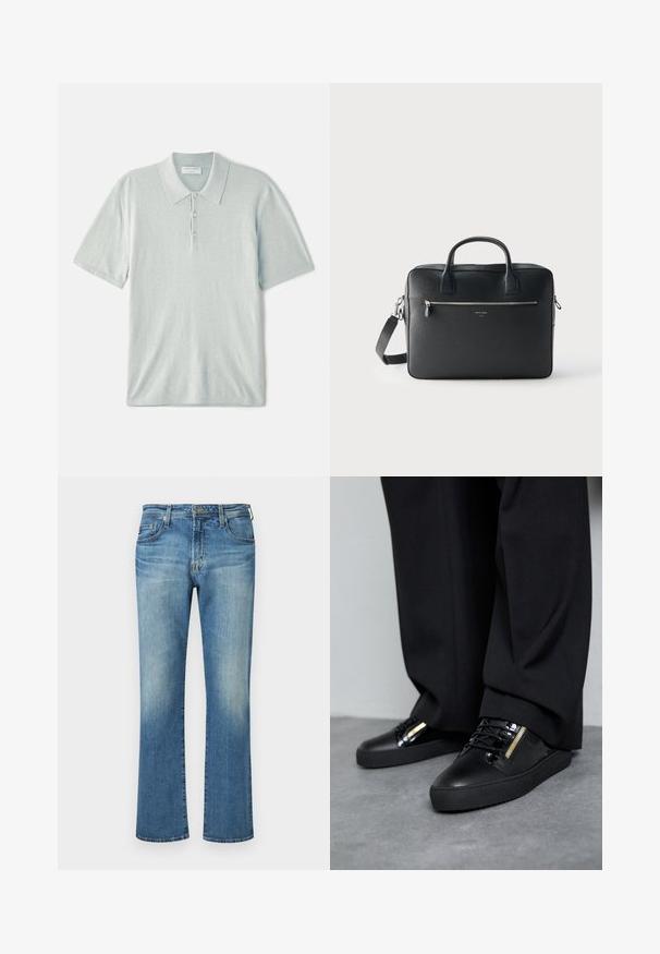 Lys blå polo shirt lavet af blødt stof, med klassisk krave, tre-knaps lukning og korte ærmer. Minimalistisk design.; Blå denimbukser, lige ben design med en falmet vask, med en klassisk fem-lommes stil og metalhardware detaljer.; Sorte lædersneakers med blanke accenter, teksturerede snørebånd og lynlåsdetalje; parret med mørke, løse bukser på et gråt gulv.; Sort rektangulært lædermappe med dobbelte håndtag, lynlåslomme foran og aftagelig skulderrem mod en ensartet lys baggrund.