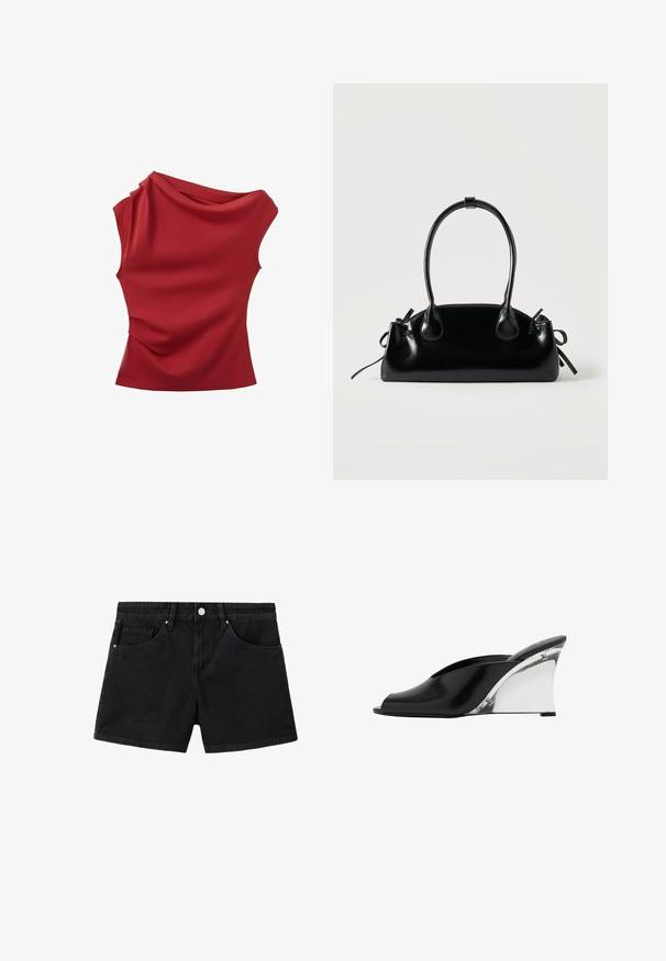 Haut rouge sans manches avec un col drapé asymétrique et un léger froncé sur un côté.; Short en denim noir avec bouton devant, passants de ceinture et deux poches avant sur fond blanc.; Mule noire à bout ouvert avec un talon compensé argenté brillant, style à enfiler et tige en cuir lisse.; Petit sac à main noir brillant avec deux longues anses et des détails à cordon sur les côtés sur un fond clair uni.