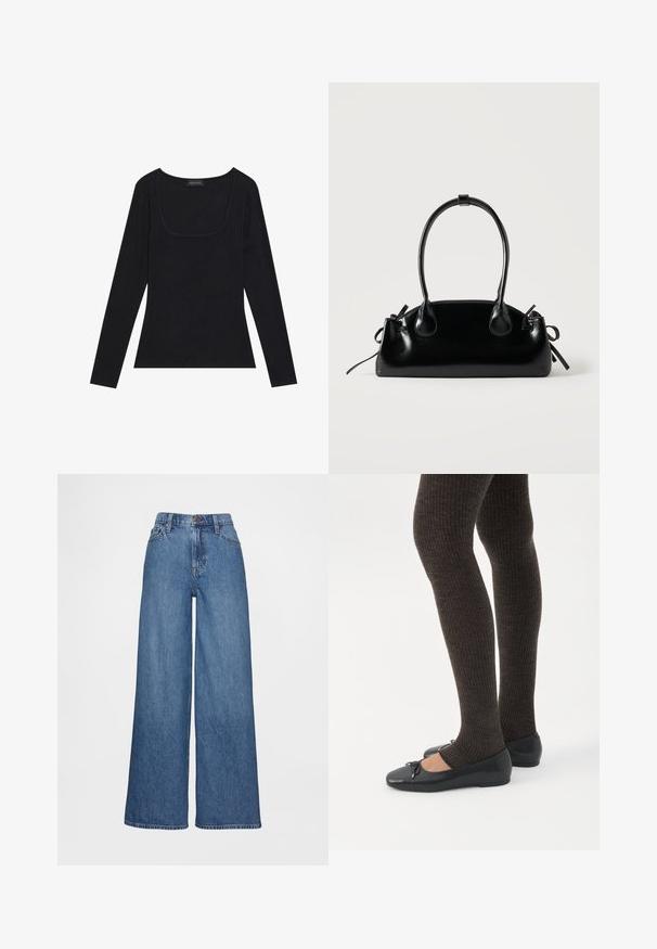 Top negro de manga larga con textura acanalada, que presenta un escote cuadrado y una forma ajustada. Incluye una etiqueta que dice "ANNA FIELD."; Jeans de pierna ancha en denim azul medio, con cintura alta, trabillas para cinturón y cierre de botones. Textura suave con detalles mínimos de costuras.; Piernas con leggings oscuros acanalados combinados con bailarinas negras que presentan pequeños detalles de lazo sobre un fondo blanco.; Pequeño bolso negro brillante con dos asas largas y detalles de cordón lateral sobre un fondo claro liso.