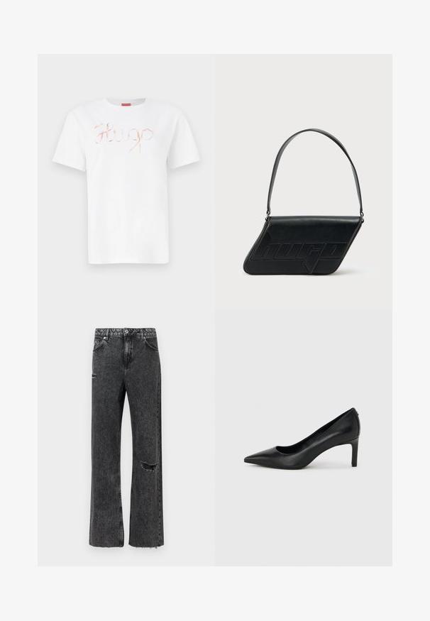 Hvid bomulds t-shirt med et kursiv, skinnende roseguld "Hugo" logo på forsiden. Standard rund hals og korte ærmer.; Vidbenede jeans i vasket sort denim med detaljeret slid ved knæet, opskåret kant og standard knapgylp med lommer.; Sort læderhøjhælet pumpe med spids tå og slank, mellemhøj hæl på en ensartet lys grå baggrund.; Sort skuldertaske i læder med trekantet form, præget logo og en enkelt justerbar rem. Minimalistisk design med glat tekstur.
