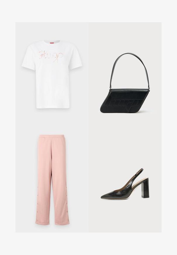 Weißes Baumwoll-T-Shirt mit einem geschwungenen, glänzenden roségoldenen "Hugo"-Logo auf der Vorderseite. Standard-Rundhals und kurze Ärmel.; Helle rosa, weit geschnittene Hose aus weichem Stoff, mit einem dezenten geprägten Muster und dekorativen Knöpfen entlang der Seitennaht.; Schwarzer Leder-Slingback-Schuh mit spitzer Kappe, hohem Blockabsatz und beigegefüttertem Innenraum vor hellem, einfarbigem Hintergrund.; Schwarze Leder-Umhängetasche mit dreieckiger Form, geprägt mit Logo und einem einzigen verstellbaren Riemen. Minimalistisches Design mit glatter Textur.