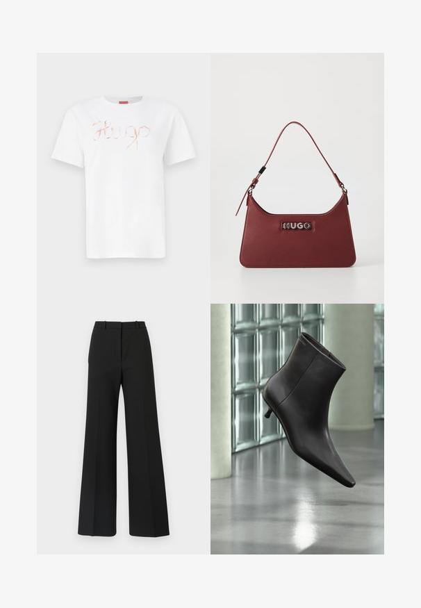 Weißes Baumwoll-T-Shirt mit einem geschwungenen, glänzenden roségoldenen "Hugo"-Logo auf der Vorderseite. Standard-Rundhals und kurze Ärmel.; Schwarze weite Hosen mit maßgeschneidertem Design, das eine glatte Textur und subtile Falten an der Vorderseite aufweist. Keine sichtbaren Beschläge oder Muster.; Schwarzer Leder-Knöchelstiefel mit spitzer Spitze und kleinem Absatz vor einer Wand aus Glasbausteinen und einem polierten Boden.; Kleine rechteckige burgunderfarbene Lederhandtasche mit verstellbarem Riemen und silberner "HUGO"-Logoplatte auf der Vorderseite.