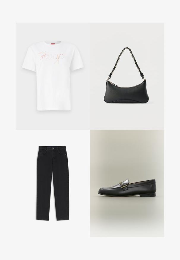 Witte katoen t-shirt met een cursieve, glanzende rosegouden "Hugo" logo op de voorkant. Standaard ronde hals en korte mouwen.; Zwarte jeans met rechte pijpen, voorzakken, riemlussen en een knoopsluiting in de taille.; Zwarte leren loafer met zilveren bovenkant, gouden kettingdetail, lage hak en afgeronde neus op een neutrale achtergrond.; Zwarte lederen schoudertas met een gebogen rechthoekige vorm, gouden ketting verweven in een gevlochten zwarte band, en een ritssluiting bovenop.