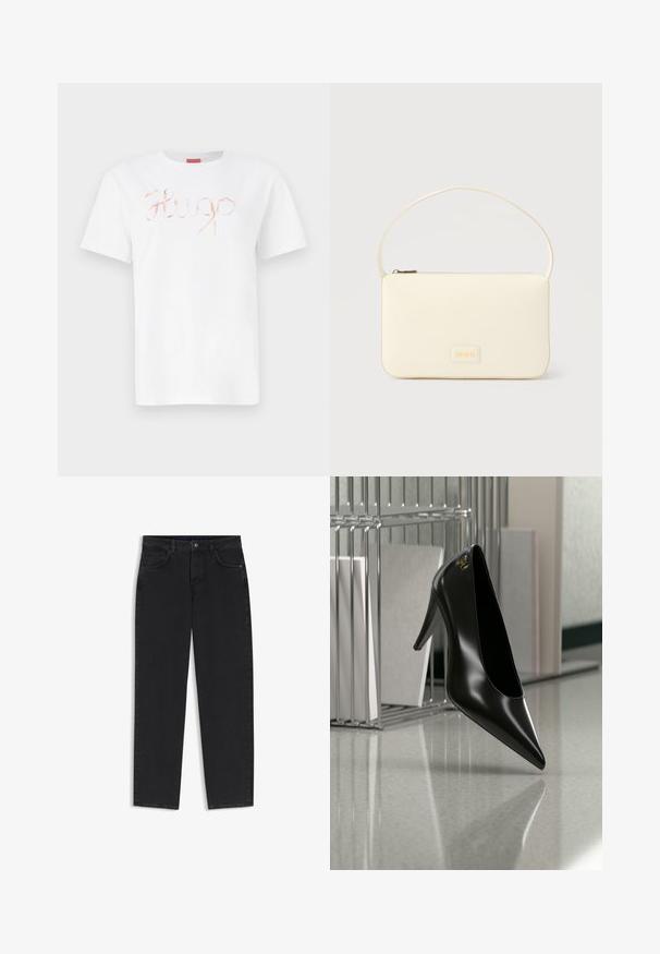 Weißes Baumwoll-T-Shirt mit einem geschwungenen, glänzenden roségoldenen "Hugo"-Logo auf der Vorderseite. Standard-Rundhals und kurze Ärmel.; Schwarze Jeans mit geradem Bein, Vordertaschen, Gürtelschlaufen und Knopfverschluss am Bund.; Schwarzer High-Heel-Schuh mit spitzer Zehe und goldem Logo, auf einer reflektierenden Oberfläche nahe einem verchromten Draht-Organizer mit Dokumenten positioniert.; Rechteckige Handtasche in Cremefarbe mit einem einzelnen Trageriemen und Reißverschluss oben, ausgestattet mit einer kleinen, geprägten Logoplakette vorne.