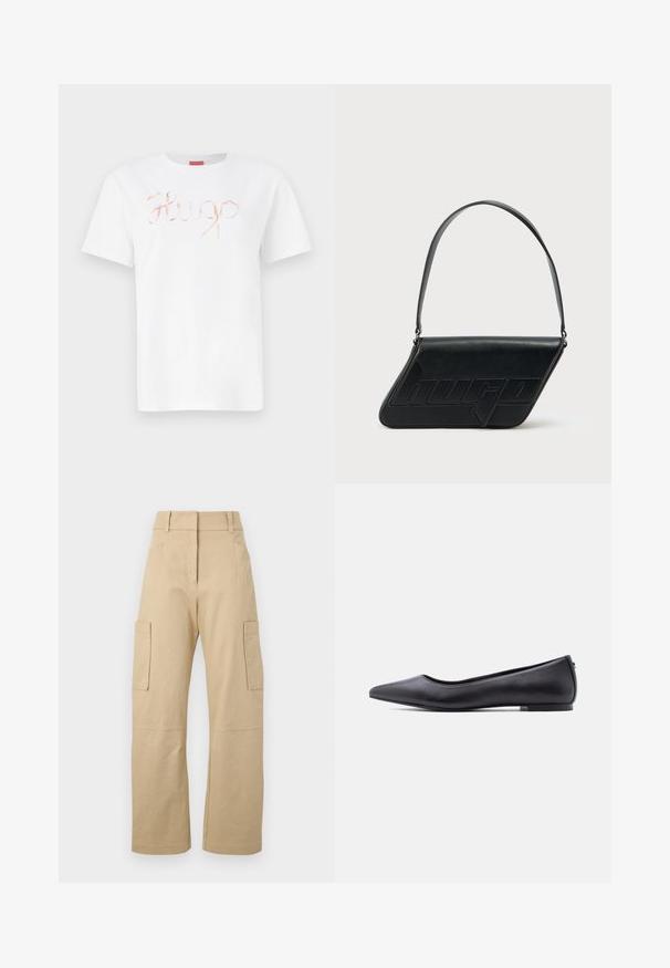 Weißes Baumwoll-T-Shirt mit einem geschwungenen, glänzenden roségoldenen "Hugo"-Logo auf der Vorderseite. Standard-Rundhals und kurze Ärmel.; Beige Cargo-Shorts aus Baumwolle, mit hoher Taille, weitem Bein, zwei Seitentaschen und zwei großen Cargo-Taschen auf den Oberschenkeln.; Schwarzer flacher Lederschuh mit spitzer Kappe und niedrigem Absatz, seitlich vor weißem Hintergrund gezeigt.; Schwarze Leder-Umhängetasche mit dreieckiger Form, geprägt mit Logo und einem einzigen verstellbaren Riemen. Minimalistisches Design mit glatter Textur.