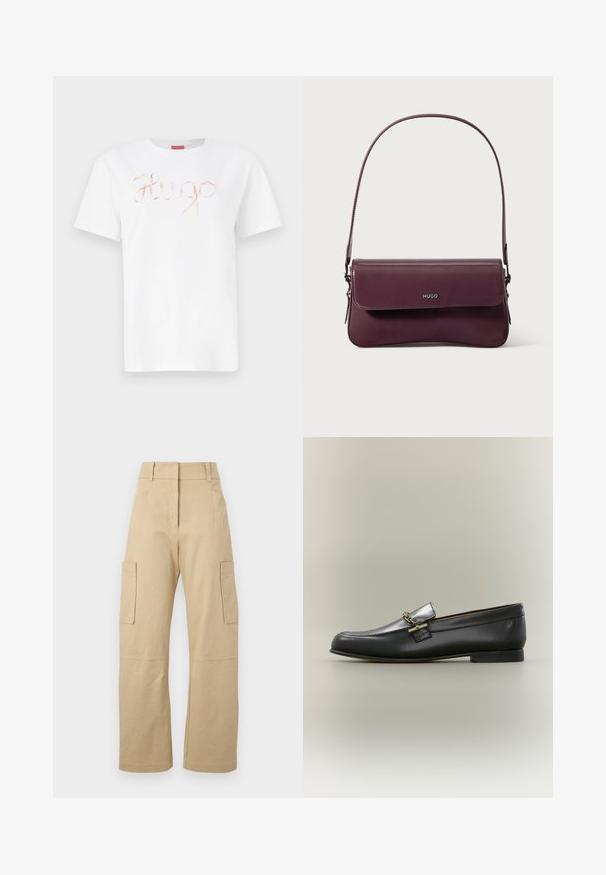 Hvid bomulds t-shirt med et kursiv, skinnende roseguld "Hugo" logo på forsiden. Standard rund hals og korte ærmer.; Beige cargo bukser lavet af bomuld, med høj talje, vide ben, to sidelommer og to store cargolommer på lårene.; Sort læderloafer med sølv øverste, gyldent kædedetalje, lav hæl og rundet tå på neutral baggrund.; Bordeauxfarvet lædertaske med et struktureret design, der har en klaplukning og en justerbar rem. Logo detaljer præget på forsiden.