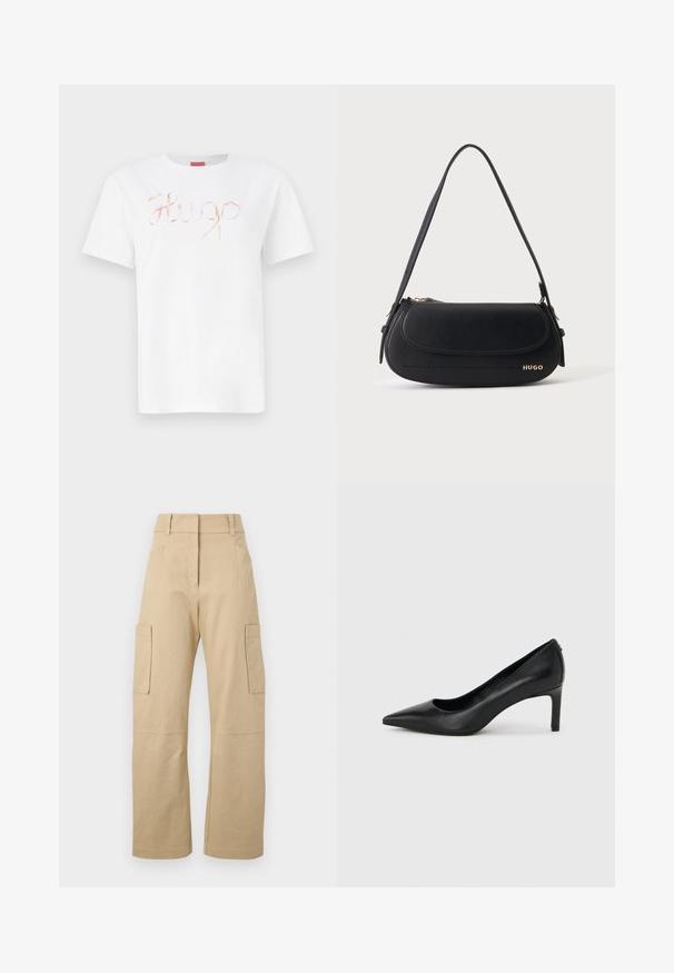 Weißes Baumwoll-T-Shirt mit einem geschwungenen, glänzenden roségoldenen "Hugo"-Logo auf der Vorderseite. Standard-Rundhals und kurze Ärmel.; Beige Cargo-Shorts aus Baumwolle, mit hoher Taille, weitem Bein, zwei Seitentaschen und zwei großen Cargo-Taschen auf den Oberschenkeln.; Schwarzer, spitz zulaufender High-Heel-Pumps aus Leder mit einem schlanken, mittelhohen Absatz auf einem schlichten hellgrauen Hintergrund.; Schwarze Lederschultertasche mit geschwungener Klappe, goldenem "HUGO" Logo auf der Vorderseite und einem verstellbaren Riemen.